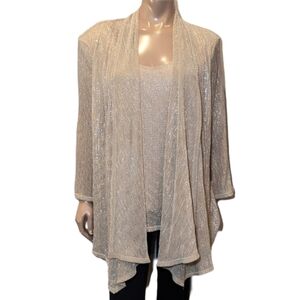 Vintage Tradition Mock Twinset Formal Cardigan Top Sheer Metallic Gold Champagne